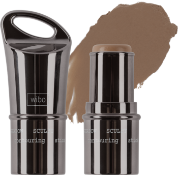 WIBO Sculpt Contouring Stick, srebrny, z kremowym beżowym bronzerem, obok zamkniętej tuby i smugi koloru.