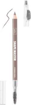 Pionowe ujęcie brązowej kredki do brwi Shape Master ze szczoteczką i temperówką, z widocznym swatch'em koloru.