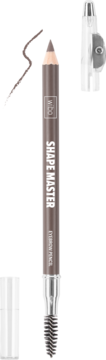 Wibo Shape Master popielato-brązowa kredka do brwi ze szczoteczką, temperówką i próbką koloru.