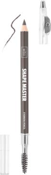 Wibo Shape Master, ciemnobrązowa kredka do brwi ze szczoteczką, temperówką i próbką koloru na czarnym tle.