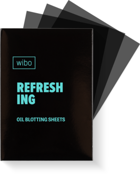 Czarne opakowanie bibułek matujących Wibo Refreshing Oil Blotting Sheets z turkusowym napisem, ujęcie z przodu.