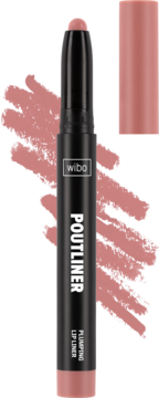 Wibo Poutliner powiększająca konturówka do ust, w odcieniu pudrowego różu, czarne opakowanie, smugami koloru na czarnym tle.