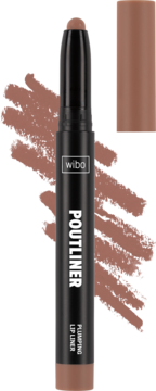 Wibo Poutliner Plumping Lip Liner, cielista konturówka w sztyfcie, widok z przodu na czarnym tle z testowymi kreskami.