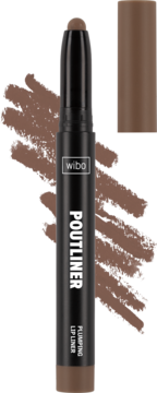 Wibo Poutliner Plumping Lip Liner, brązowa, z wysuniętą końcówką i próbką koloru, na czarnym tle.