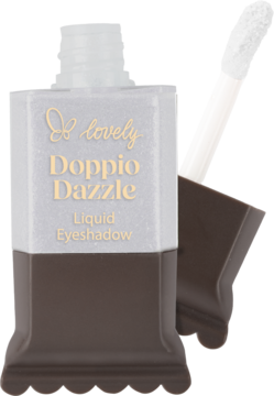 lovely Doppio Dazzle płynny cień do powiek. Otwarta, błyszcząca butelka z aplikatorem. Srebrna góra, brązowy dół.
