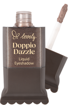 Lovely Doppio Dazzle płynny cień do powiek, metaliczno-brązowy, w unikalnej butelce z widocznym aplikatorem.