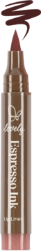 Brązowa konturówka do ust Lovely Espresso Ink w formie markera z czerwonobrązową końcówką i swatche.