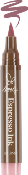 Brązowy marker Lovely Espresso Ink Lip Liner z różowo-brązową końcówką i testową smużką koloru.