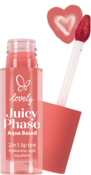 Koralowy tint do ust Lovely Juicy Phase Aqua Based, 2w1, z aplikatorem w kształcie serca, widok z przodu.