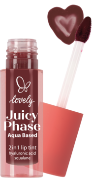 lovely Juicy Phase Aqua Based 2 in 1 lip tint, ciemnoczerwony, z otwartą butelką i aplikatorem z sercem.
