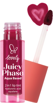 Lovely Juicy Phase Aqua Based lip tint, przezroczysta butelka, aplikator z fuksjowym płynem, czerwone serce.