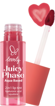 Lovely Juicy Phase Aqua Based 2in1 lip tint, różowy z kwasem hialuronowym. Aplikator z sercem, wyciągnięty.