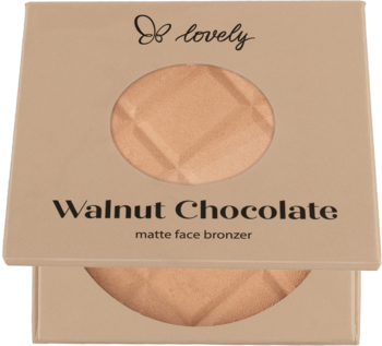 Lovely Walnut Chocolate matowy puder brązujący w otwartym beżowym kompakcie, widok z góry. Jasnobrązowy okrągły wkład.