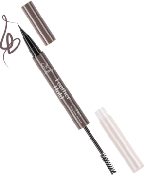 Marker do brwi Feather Hold 2w1, brązowy, z pędzelkiem i żelem, do microbladingu, widok pod kątem na czarnym tle.