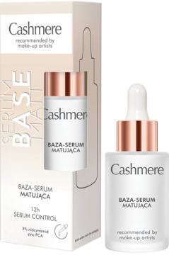 Cashmere Baza-Serum Matująca do cery tłustej, szklana butelka z kroplomierzem i kartonowe opakowanie, widok z przodu.