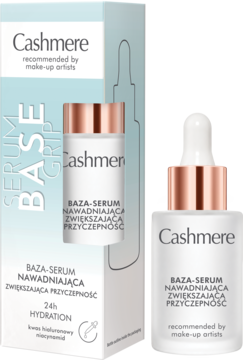 Cashmere Serum Base Grip w szklanej butelce z pipetą i kartonikiem, przód. Nawadniająca, zwiększa przyczepność makijażu.