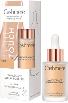 Cashmere nawilżające serum-podkład Nude w szklanej butelce z kroplomierzem i eleganckim opakowaniem z boku.