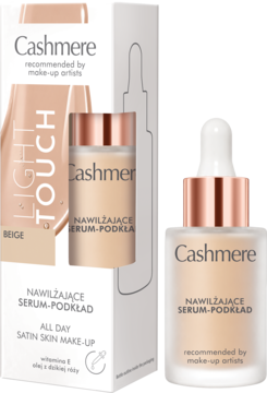 Nawilżający podkład z serum Cashmere Light Touch Beige. Matowa butelka z pipetą obok beżowo-białego pudełka.