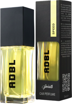 RDBL Spirits Car Perfume SPEED, żółta ciecz w szklanej butelce i czarnym opakowaniu, widok z przodu.