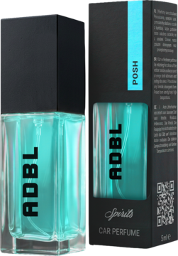 ADBL Spirits Car Perfume Posh: butelka z turkusowym płynem i czarne opakowanie kartonowe, widok z przodu.