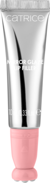 Błyszczyk Catrice Mirror Glaze Lip Filler w srebrnej tubce, różowy aplikator z masującymi kulkami, z przodu.