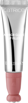 Catrice Mirror Glaze Lip Filler, srebrna tubka, różowy aplikator z kulkami, zapewnia lustrzany blask.