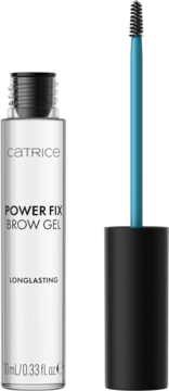 Catrice Power Fix Brow Gel, przezroczysta butelka z otwartą zakrętką, obok niebieski aplikator ze szczoteczką do brwi.