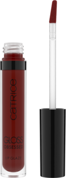 Ciemnoczerwony lip glaze Catrice Gloss Obsessed w przeźroczystej tubce, widok otwartego produktu z aplikatorem.