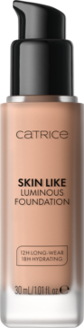 Beżowy podkład Catrice Skin Like Luminous Foundation w szklanej butelce z czarną pompką, 30 ml.