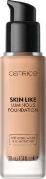 Catrice Skin Like Luminous Foundation w beżowej szklanej butelce z czarną pompką. Długotrwały, widok z przodu.