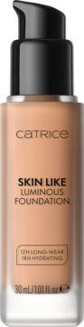 Catrice Skin Like Luminous Foundation, beżowy podkład w szklanej butelce z pompką, widok z przodu.