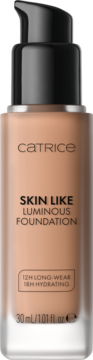Catrice Skin Like Luminous Foundation, beżowa szklana butelka z czarną pompką, widok z przodu, napis 12H long-wear.