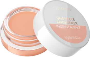 Brzoskwiniowy korektor Catrice Under Eye Brightener Instant Awake, otwarty biały słoiczek z miedzianym rantem.