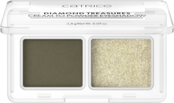 Catrice Diamond Treasures Cream to Powder cień: paletka z oliwkową zielenią i złotem, widok z góry.