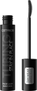 Catrice Tubing False Lash Mascara w czarnej tubce. Otwarta, z aplikatorem obok, widoczny napis 24H WEAR.