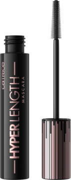 Catrice Hyper Length Mascara w matowej czarnej tubce z różowo-złotym napisem. Otwarty tusz, obok wyjęta szczoteczka.