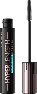 Czarny tusz Catrice Hyper Length Waterproof, otwarta tubka z różowozłotymi detalami i widoczną szczoteczką.