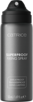 Catrice Superproof Fixing Spray, matowa ciemnoszara butelka 50ml, widok z przodu. Napis: Sweatproof, Transferproof.