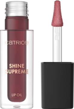 Catrice Shine Supreme Lip Oil, butelka z ciemnoróżowym olejkiem i aplikator obok, widok z przodu, błyszczące wykończenie.