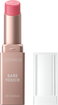 Catrice Bare Touch różowy nawilżający balsam w sztyfcie, otwarty, opakowanie różowe złoto, obok nakładka.