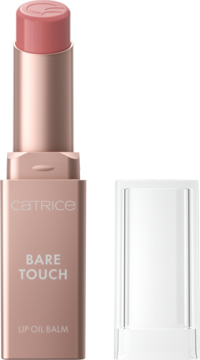 Catrice Bare Touch Lip Oil Balm w różowo-złotym opakowaniu, z wysuniętym jasnoróżowym sztyftem i odłożoną nakrętką.