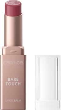 Catrice BARE TOUCH LIP OIL BALM w różowo-złotej obudowie, otwarty z wysuniętym różowym sztyftem, obok przezroczysta nakładka.