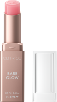 Catrice Bare Glow Lip Oil Balm PH Effect w różowo-złotej tubce, z różowym sztyftem i otwartą zatyczką.