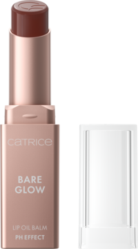 Różowozłoty balsam Catrice Bare Glow Lip Oil Balm PH Effect, otwarty, z brązowym sztyftem i nakładką.