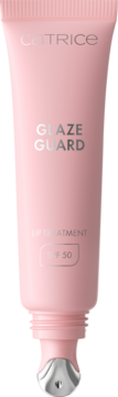 Różowa tubka Catrice Glaze Guard Lip Treatment SPF 50 z metalowym aplikatorem, widok z przodu.