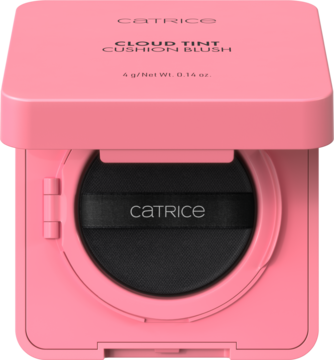 Catrice Cloud Tint Cushion Blush, różowe otwarte opakowanie z czarną gąbeczką, widok z góry.