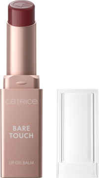 Otwarty balsam do ust Catrice Bare Touch Lip Oil Balm w odcieniu śliwkowym, opakowanie rose gold, obok przezroczysta nakrętka.