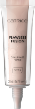 Catrice Flawless Fusion Dual-Phase Primer SPF 25 w jasnoróżowej tubce, widok z przodu z odkrytym aplikatorem.