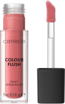 Różowy płynny róż Catrice Colour Flush Dewy Serum Blush w butelce, z wyjętym aplikatorem z pędzelkiem.