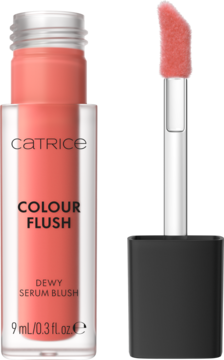 Catrice Colour Flush Dewy Serum Blush, róż w płynie w koralowej butelce z otwartym aplikatorem, dewy finish.